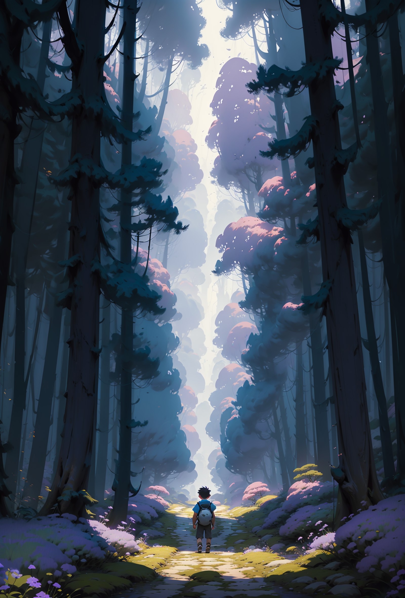 04832-724384680-adventure,1boy, traveler,  chibi, in lavender forest, _ illustration.media,   , masterpiece, best quality,.png